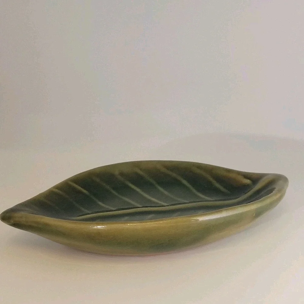 Pier 1 Leaf Dish Green Brown Pottery Trinket Tray 6